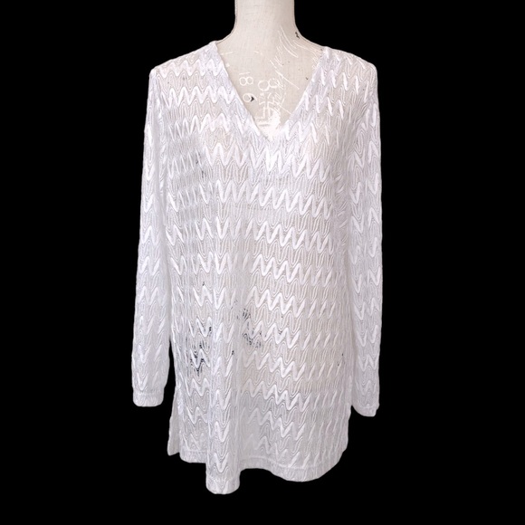 White Metallic Lace Zig Zag Chevron Pattern Sheer Swimsuit Tunic Coverup L - Picture 2 of 7